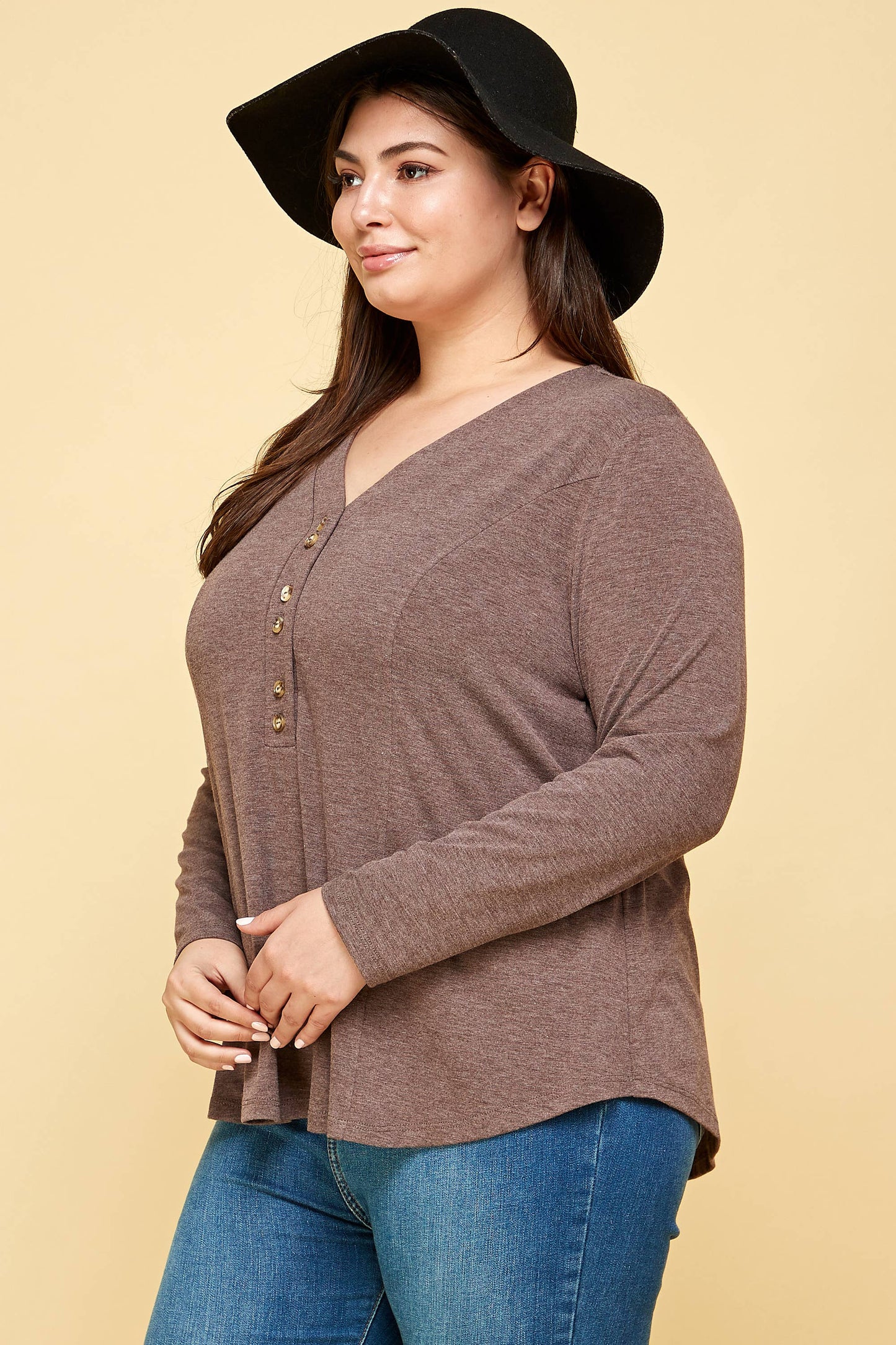 Curvy Girl Two Tone Button Up Long Sleeve Top