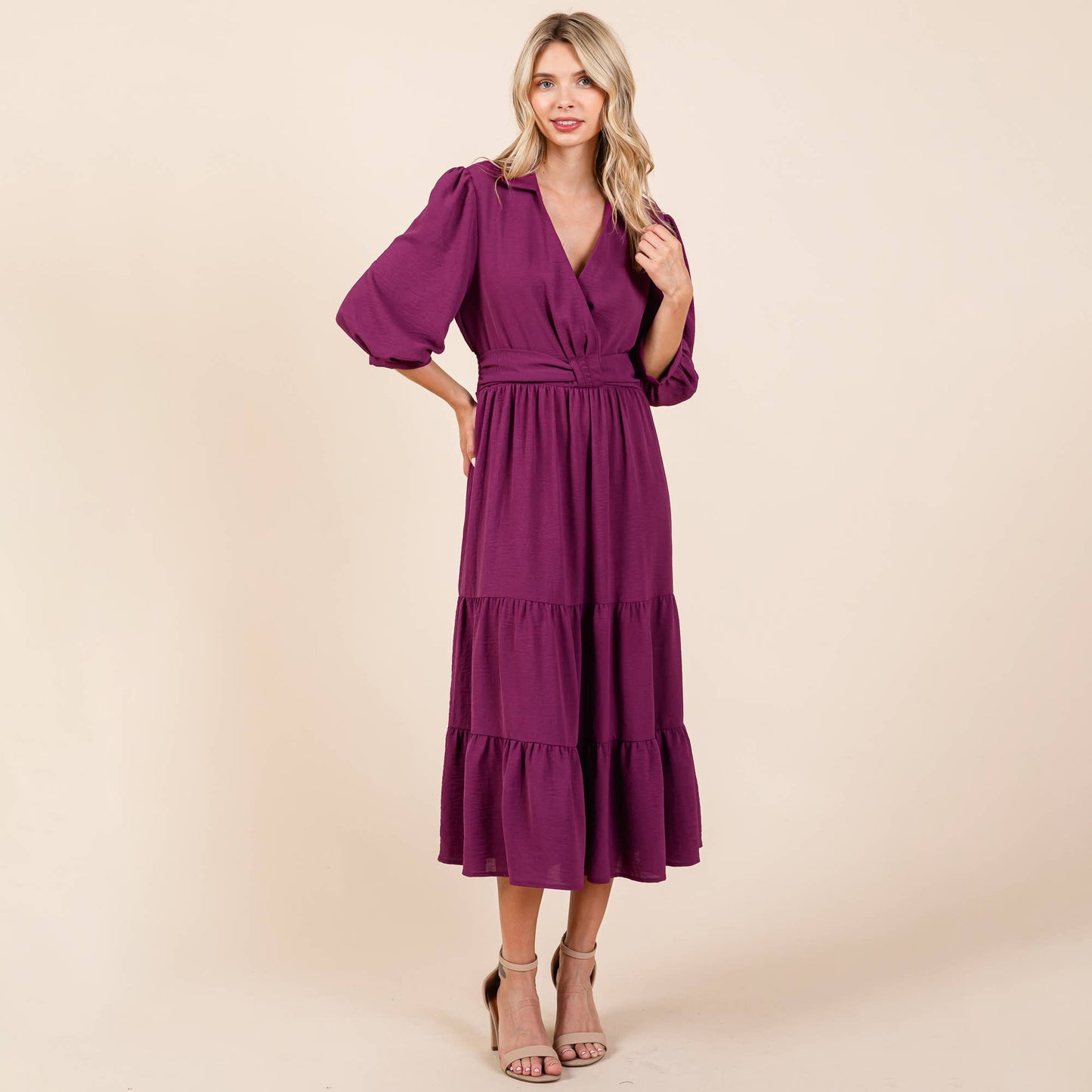 Ari Collared V Neck Knotted Smock Waist Tiered Dress