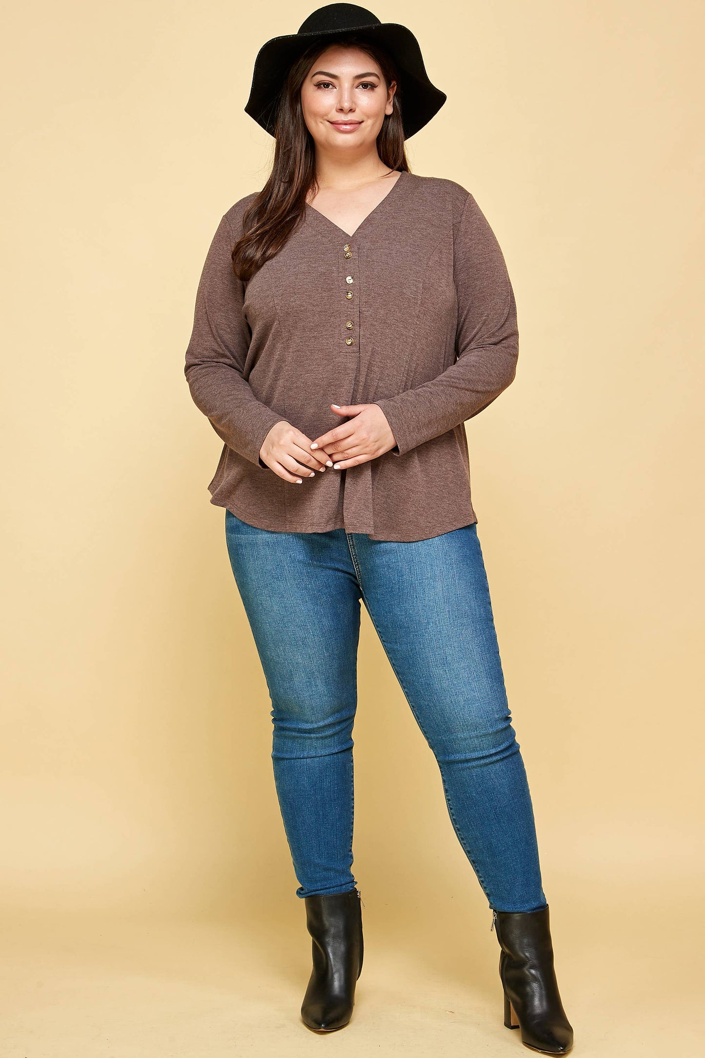 Curvy Girl Two Tone Button Up Long Sleeve Top