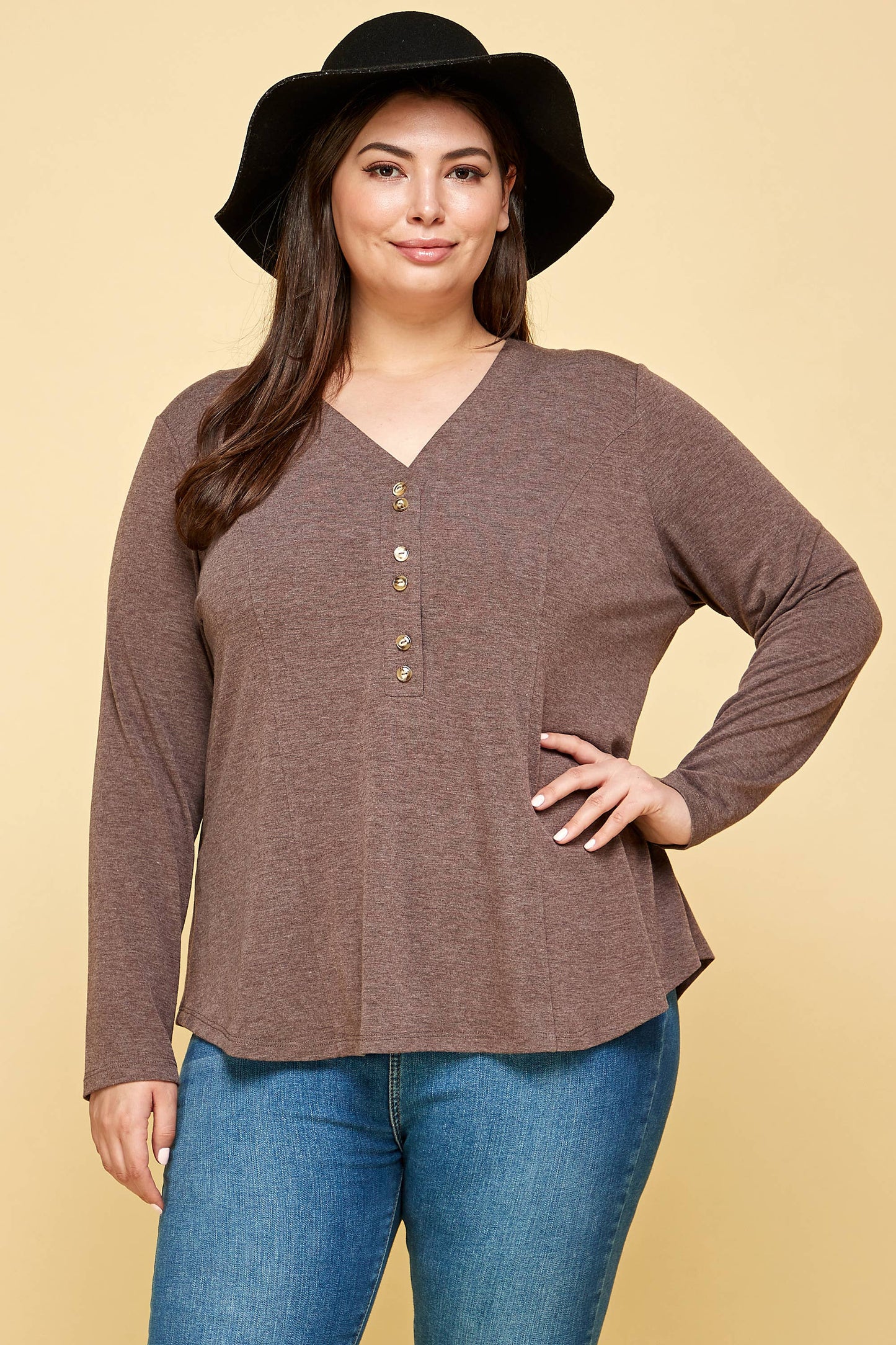 Curvy Girl Two Tone Button Up Long Sleeve Top