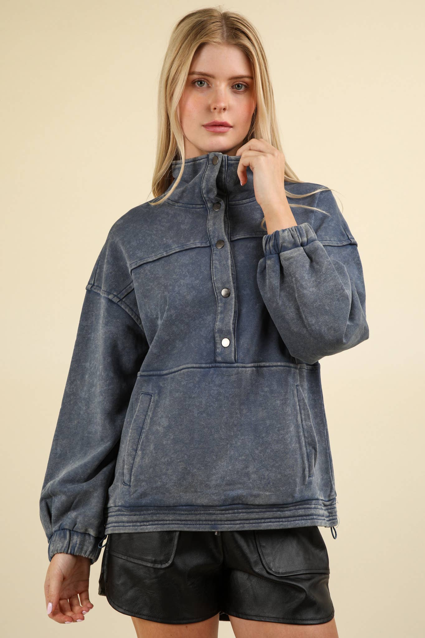 Mineral Washed Button Down Knit Sweatshirt