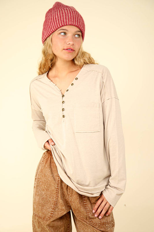 Hilarie Mineral Washed Cotton Comfy Knit Top Cream & Denim Blue