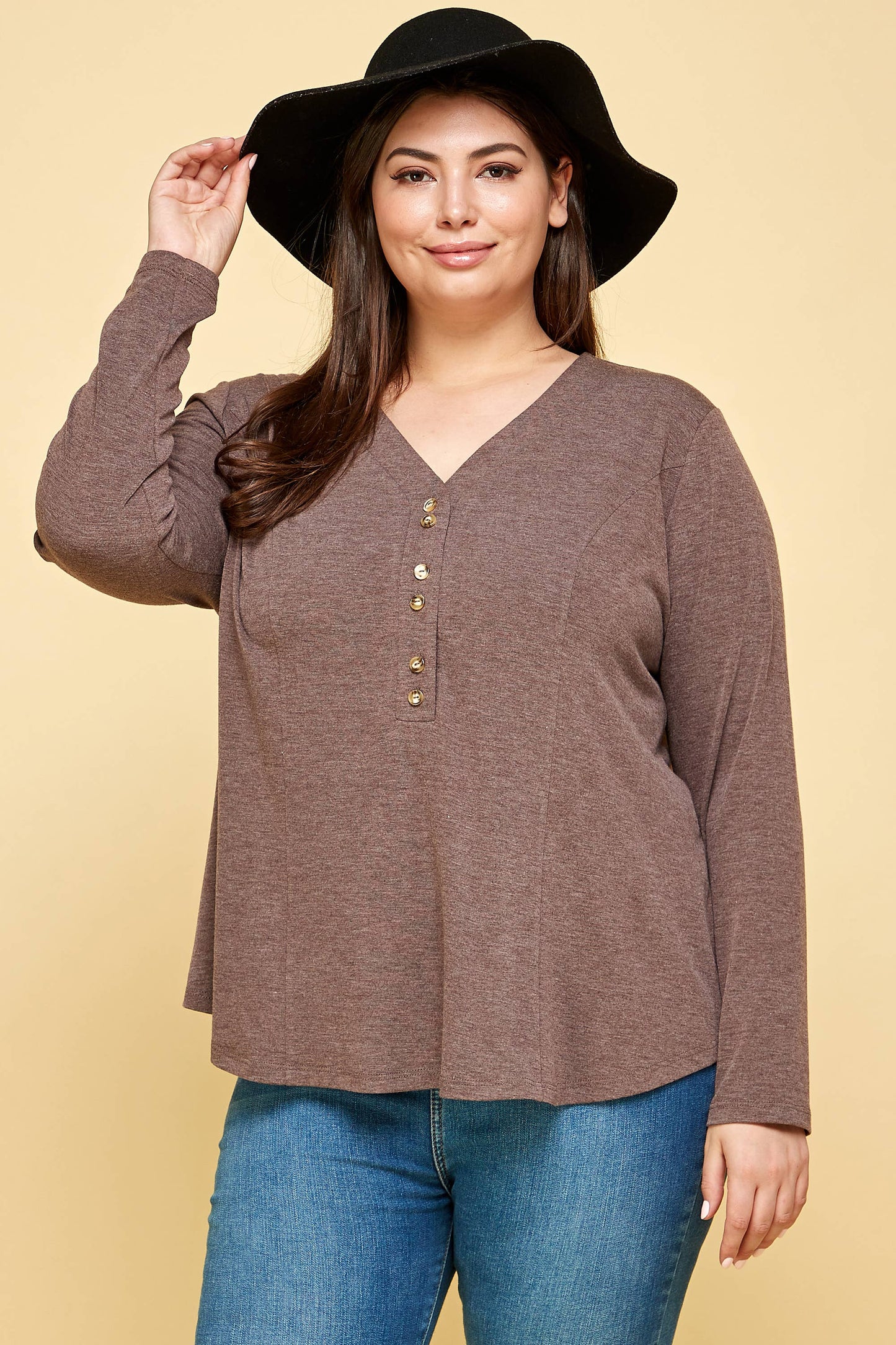 Curvy Girl Two Tone Button Up Long Sleeve Top