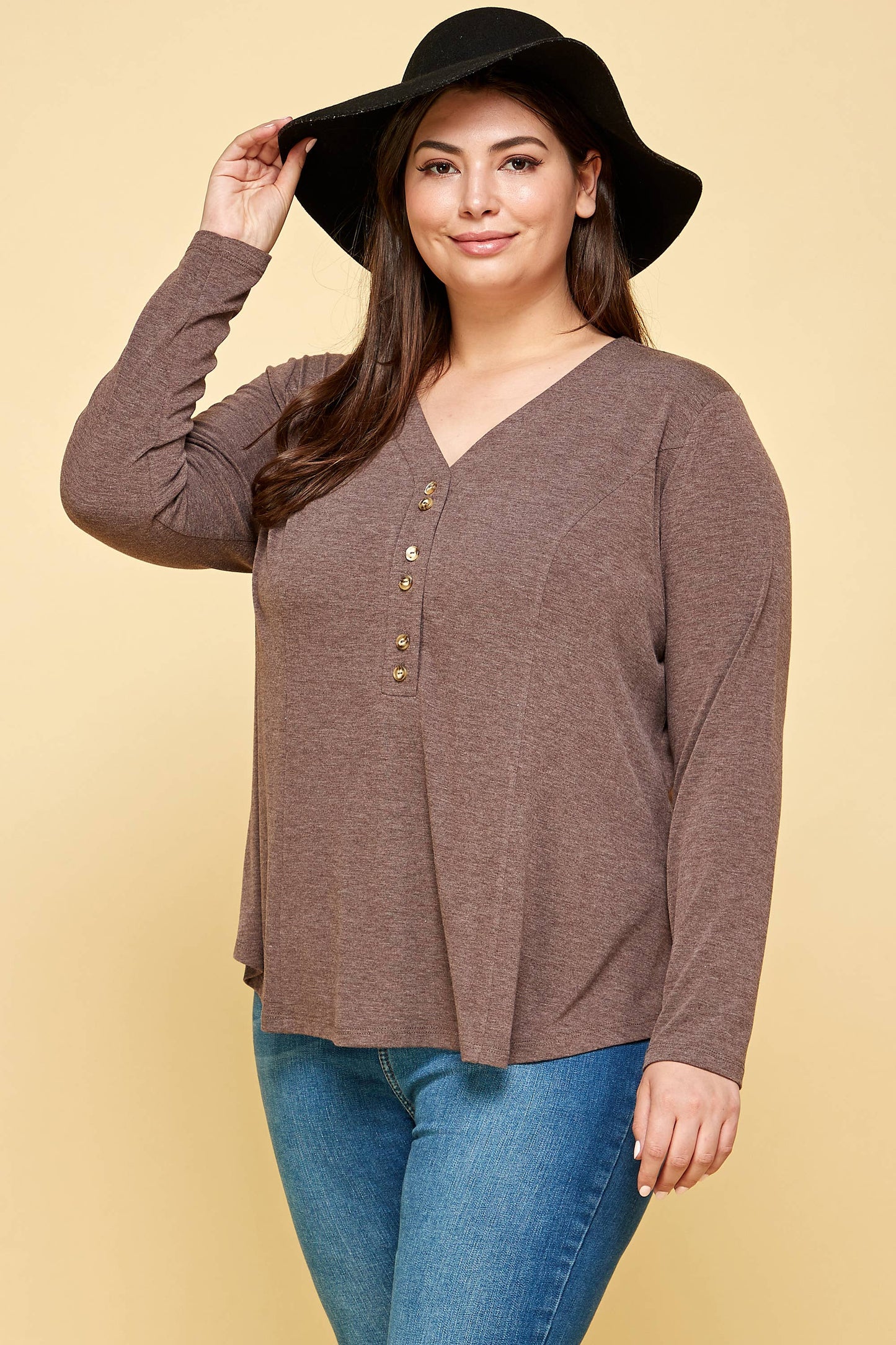 Curvy Girl Two Tone Button Up Long Sleeve Top