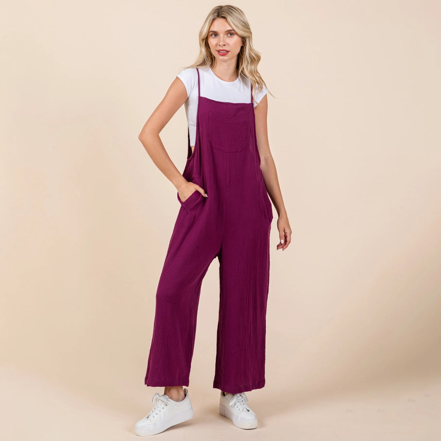 Jade Double Gauze Strap Wide Leg Overalls Jumpsuit