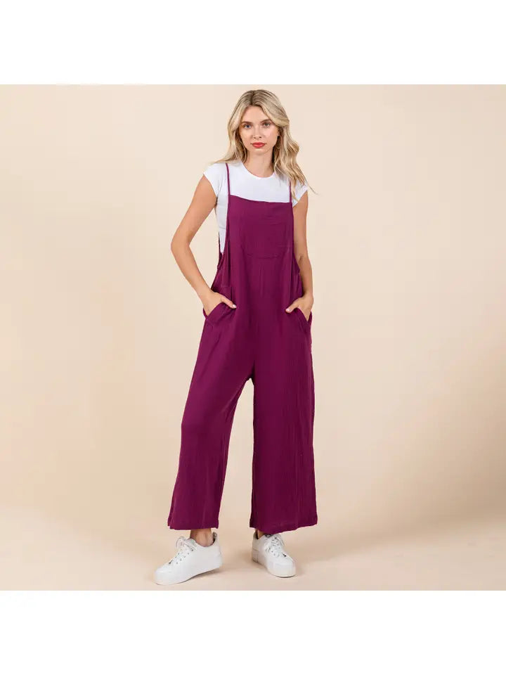 Jade Double Gauze Strap Wide Leg Overalls Jumpsuit