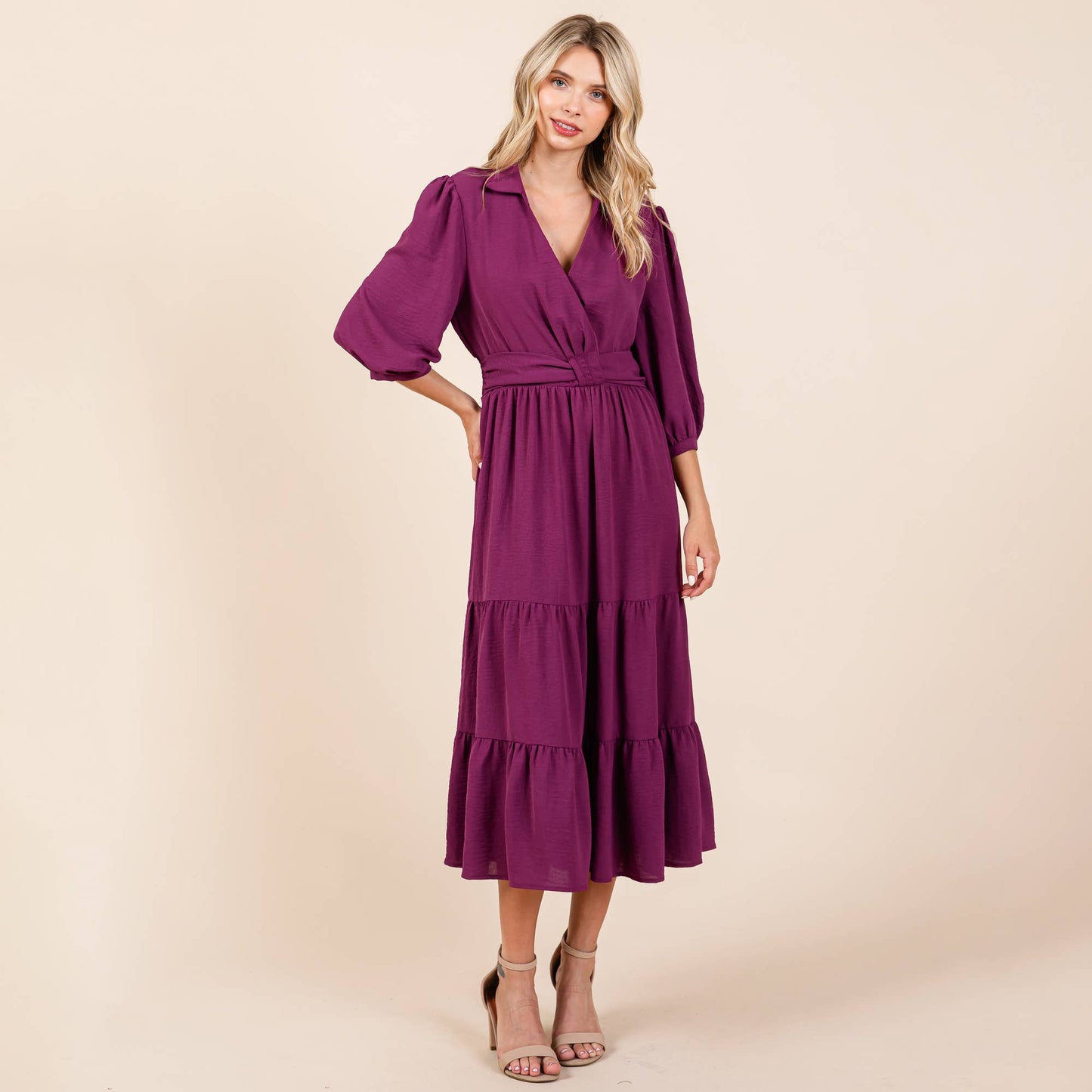 Ari Collared V Neck Knotted Smock Waist Tiered Dress