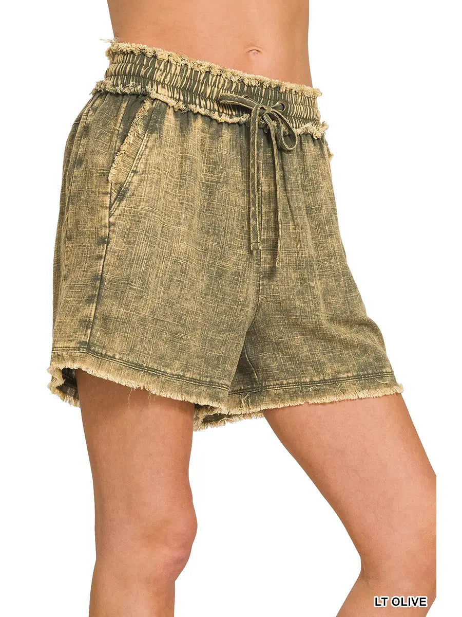 Linen Frayed Hem Drawstring Shorts with Pock