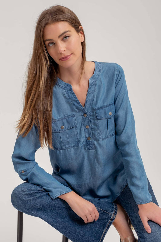 Chambray V Neck Button Long Sleeve